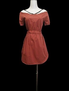 🐿🐿fits:S, Off-Shoulder Rust Red 100% Cotton Summer Dress with Elastic Waist